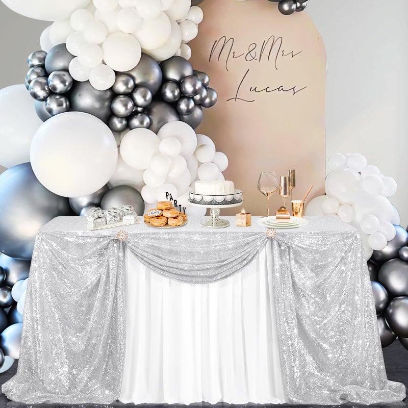 B.Cool B-COOL Silver Sequin Tablecloth Christmas 50x80 Inch Glamorous Halloween Table Cloth for Thanksgiving Day Wedding Party Curtain Birthday New Year and Other Events Decor - Image 2